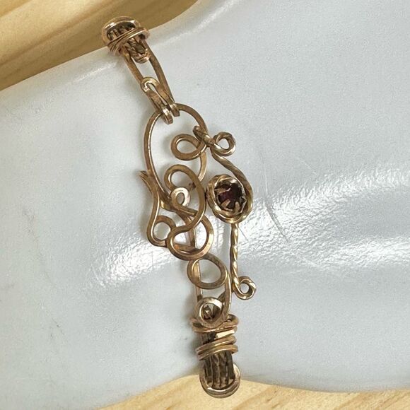 Handmade Wire Wrapped Bangle Bracelet with Red Glass Accent - Picture 1 of 8